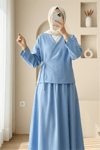 Yandan Bağlamalı Etekli Keten Takım   -Açık Mavi-Takım-223-3050-R25