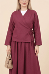 Yandan Bağlamalı Etekli Keten Takım -Bordo-Takım-346-3070-R04