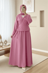 Yandan Bağlamalı Etekli Keten Takım   -Pembe-Takım-346-3070-R20