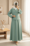 Yandan Bağlamalı Etekli Keten Takım   -Su Yeşili-Takım-223-3050-R36