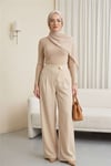 Yandan Fermuarlı Broşlu Katlama Detaylı Bol Paça Krep Pantolon  -Bej-Pantolon-246-5349-R56