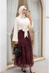 Yandan Fermuarlı Desenli Astarlı Şifon Etek -Bordo-Etek-286-10082-R04