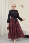 Yandan Fermuarlı Desenli Astarlı Şifon Etek -Bordo-Etek-286-10082-R04