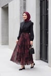 Yandan Fermuarlı Desenli Astarlı Şifon Etek  -Koyu Bordo