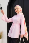 Yandan Yakalı Boydan Düğmeli Çizgili Bağcıklı Krinkıl Gömlek  -Pembe