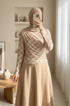 Yanı Büzgülü Ekose Desenli Bluz -Bej-Bluz-246-2808-R56