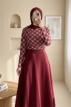 Yanı Büzgülü Ekose Desenli Bluz -Bordo-Bluz-246-2808-R04