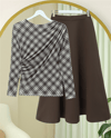 Yanı Büzgülü Ekose Desenli Bluz -Kahve-Bluz-246-2808-R15