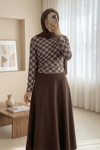 Yanı Büzgülü Ekose Desenli Bluz -Kahve-Bluz-246-2808-R15