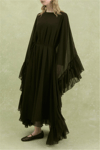 Yanı Fırfırlı Asimetrik Kesim Bağcıklı İçlikli Şifon Elbise Abaya Takım  -Kahverengi-Elbise-114-1422-R15