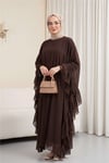 Yanı Fırfırlı Asimetrik Kesim Bağcıklı İçlikli Şifon Elbise Abaya Takım  -Kahverengi-Elbise-114-1422-R15