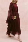 Yanı Fırfırlı Asimetrik Kesim Bağcıklı İçlikli Şifon Elbise Abaya Takım  -Bordo-Elbise-114-1422-R04