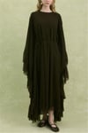 Yanı Fırfırlı Asimetrik Kesim Bağcıklı İçlikli Şifon Elbise Abaya Takım  -Kahverengi-Elbise-114-1422-R15