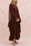 Yanı Fırfırlı Asimetrik Kesim Bağcıklı İçlikli Şifon Elbise Abaya Takım  -Bordo-Elbise-114-1422-R04