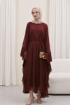 Yanı Fırfırlı Asimetrik Kesim Bağcıklı İçlikli Şifon Elbise Abaya Takım  -Bordo-Elbise-114-1422-R04