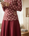 Yanı Tokalı Ekose Desenli Bluz -Bordo-Bluz-246-2821-R04