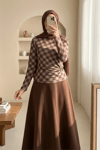 Yanı Tokalı Ekose Desenli Bluz -Kahve-Bluz-246-2821-R15