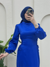 Elbise-Yanları Bağlamalı Kolu Lastikli Saten Elbise -Saks-386-5948-R10