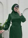 Elbise-Yanları Bağlamalı Kolu Lastikli Saten Elbise -Zümrüt-386-5948-R17