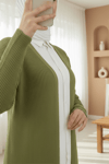 Yanları Yırtmaçlı Fitilli Uzun Triko Hırka  -Haki-Hırka-109-9738-R05