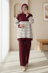 Yarım Boğazlı Çizgili Triko Takım -Bordo-Takım-295-4524-R04