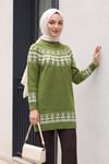Yarım Boğazlı Desenli Triko Kazak  -Haki