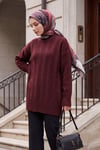 Yarım Boğazlı Şerit Desenli Yumoş Triko Kazak  -Bordo