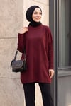 Yarım Boğazlı Sıralı İncili Salaş Triko Tunik -Bordo
