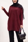 Yarım Boğazlı Sıralı İncili Salaş Triko Tunik -Bordo