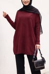 Yarım Boğazlı Sıralı İncili Salaş Triko Tunik -Bordo
