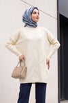 Yarım Boğazlı Sıralı İncili Salaş Triko Tunik -Ekru