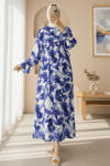 Yarım Düğmeli Beli Bağcıklı Desenli Elbise  -Saks-Elbise-307-2328-R10