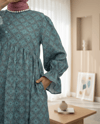 Yarım Düğmeli Beli Bağcıklı Desenli Elbise  -Mint-Elbise-307-2328-R24