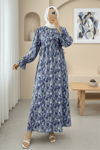 Yarım Düğmeli Beli Bağcıklı Desenli Elbise  -İndigo-Elbise-307-2328-R21