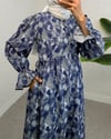 Yarım Düğmeli Beli Bağcıklı Desenli Elbise  -İndigo-Elbise-307-2328-R21