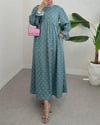 Yarım Düğmeli Beli Bağcıklı Desenli Elbise  -Mint-Elbise-307-2328-R24