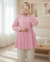 Yarım Düğmeli Beli Bağlamalı Piliseli Gömlek   -Pudra-Gömlek-398-1034-R06