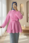 Yarım Düğmeli Beli Bağlamalı Yanı Fermuarlı Tunik  -Pembe-Tunik-120-1613-R20
