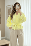 Yarım Düğmeli Beli Kuşaklı Poplin Gömlek -Açık Sarı-Gömlek-398-1049-R75