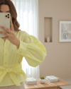 Yarım Düğmeli Beli Kuşaklı Poplin Gömlek -Açık Sarı-Gömlek-398-1049-R75