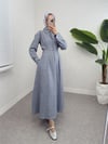 Yarım Düğmeli Beli Lastikli Keten Elbise  -Buz Mavi-Elbise-307-2292-R37