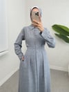 Yarım Düğmeli Beli Lastikli Keten Elbise  -Buz Mavi-Elbise-307-2292-R37