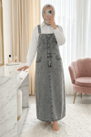 Yarım Düğmeli Cepli Kot Salopet -Füme-Tulum & Salopet-423-2150-R18
