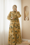 Yarım Düğmeli Karışık Desenli Kolu Lastikli Elbise -Hardal-Elbise-197-67869-R08