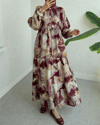 Yarım Düğmeli Kolu Lastikli Desenli Elbise -Bordo-Elbise-197-67862-R04