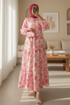 Yarım Düğmeli Kolu Lastikli Desenli Elbise -Pembe-Elbise-197-6786-R20