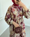 Yarım Düğmeli Kolu Lastikli Desenli Elbise -Bordo-Elbise-197-67862-R04
