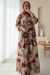 Yarım Düğmeli Kolu Lastikli Desenli Elbise -Bordo-Elbise-197-67862-R04
