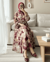 Yarım Düğmeli Kolu Lastikli Desenli Elbise -Bordo-Elbise-197-67862-R04