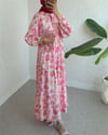 Yarım Düğmeli Kolu Lastikli Desenli Elbise -Pembe-Elbise-197-6786-R20